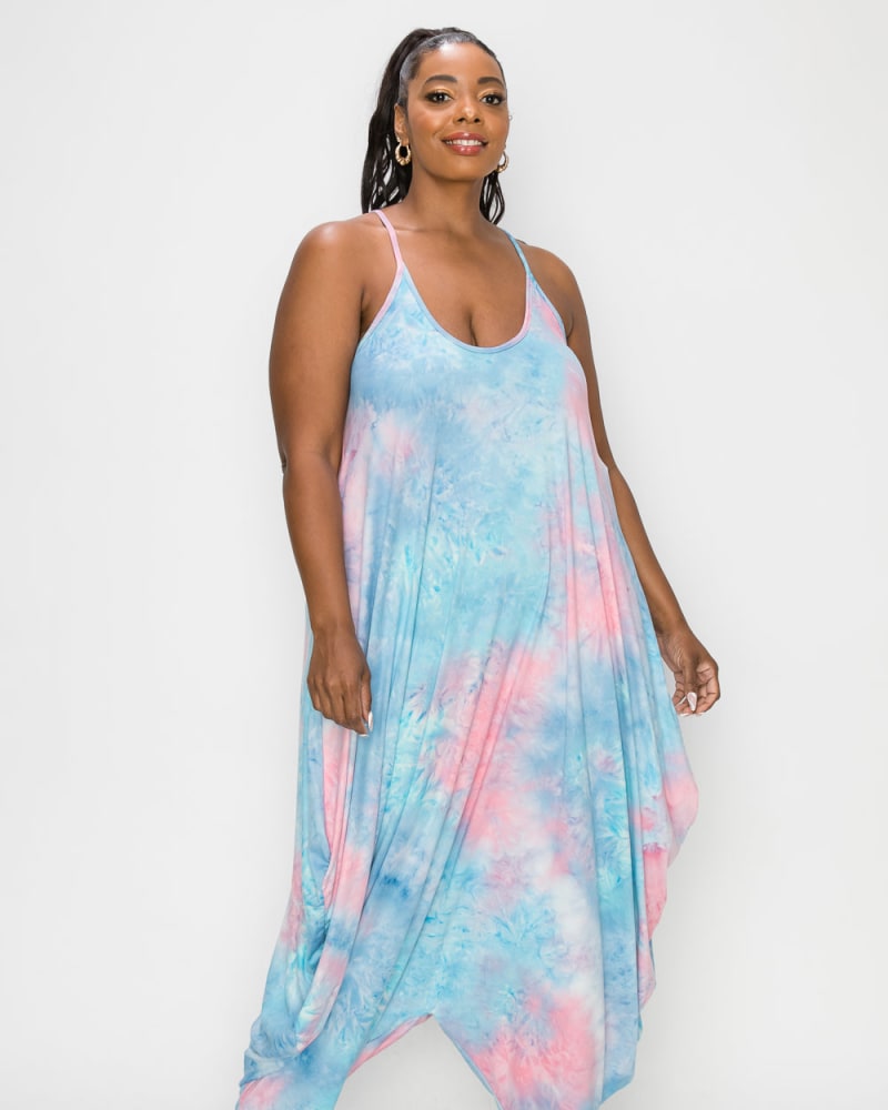 Front of a model wearing a plus size Tie Dye Harem Jumpsuit in Perry/Pink/Turquoise TD by L I V D. | dia_product_style_image_id:240495